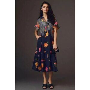 NEW Anthropologie Floral Blue Motif Midi Dress Navy blue floral Oversized Small